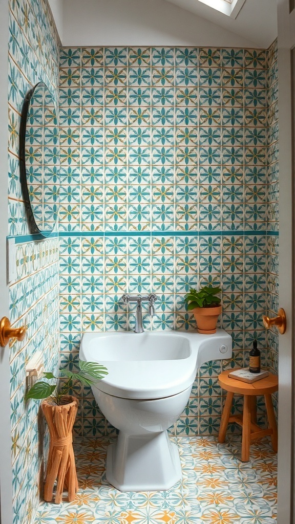 A small bathroom featuring colorful patterned cement tiles on the floor and walls, with a white toilet and a small wooden stool.