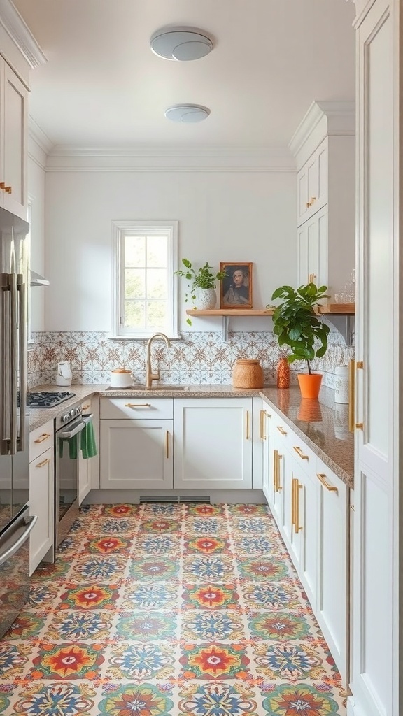 A bright kitchen featuring patterned cement tiles on the floor, white cabinets, and modern appliances.