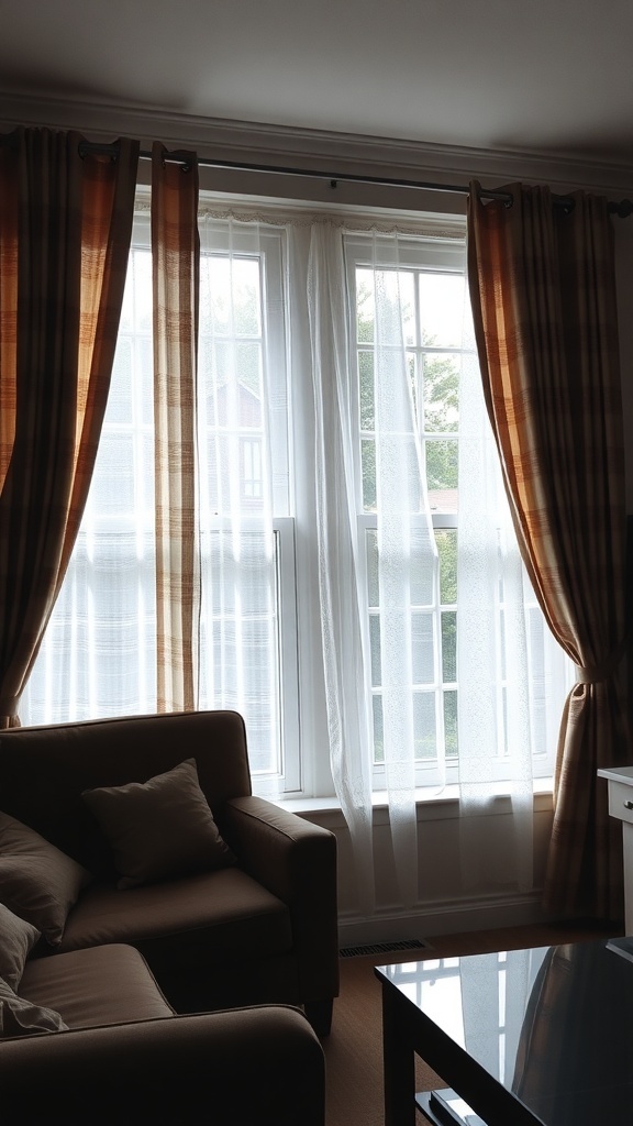 Living room with patterned curtains and a cozy sofa.