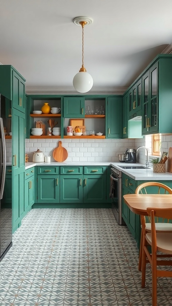 A modern kitchen featuring green cabinets and patterned flooring.