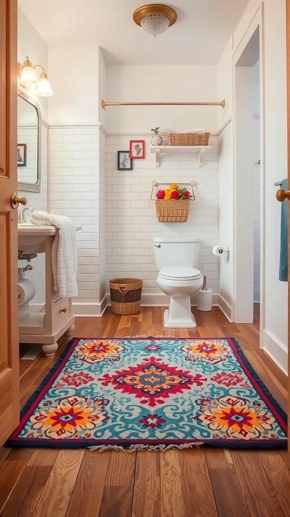 A colorful patterned rug in a bathroom setting, featuring floral designs on a wooden floor.