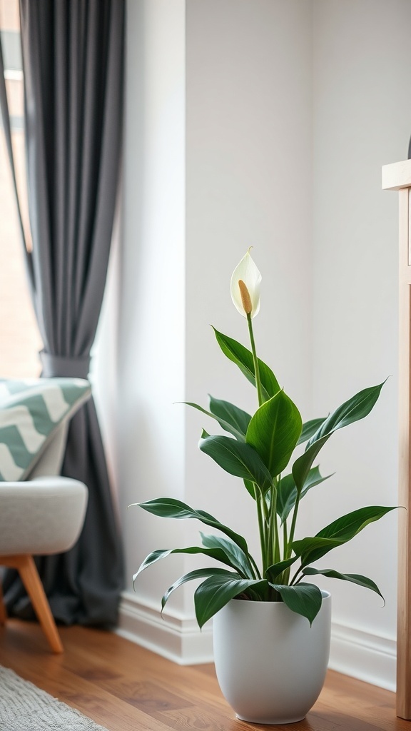 A Peace Lily plant in a modern white pot, showcasing its elegant white blooms and lush green leaves in a bright room.
