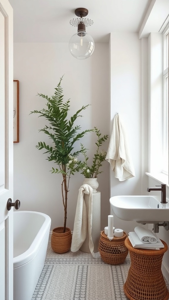 A serene bathroom with plants, a warm bath, and rustic decor.