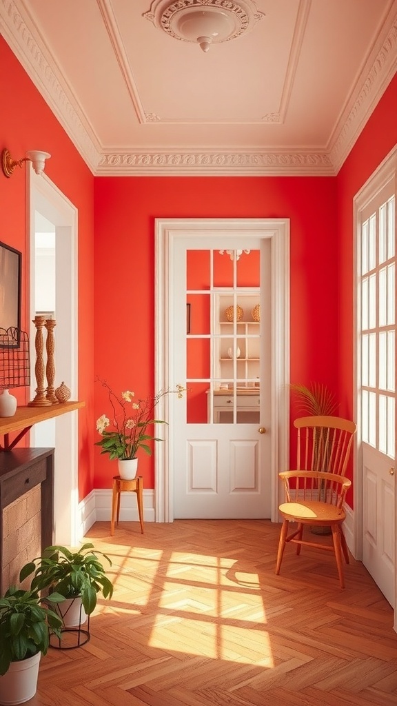 A bright room with peachy coral walls, white trim, and wooden accents, featuring plants and a cozy chair.