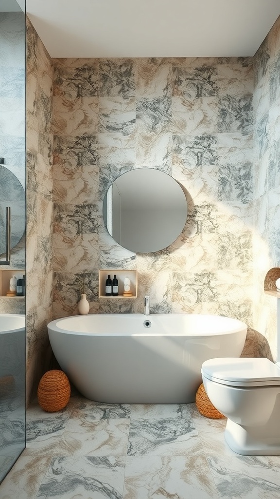 A bathroom featuring a pebble or river rock finish on the walls, creating a natural and calming atmosphere.