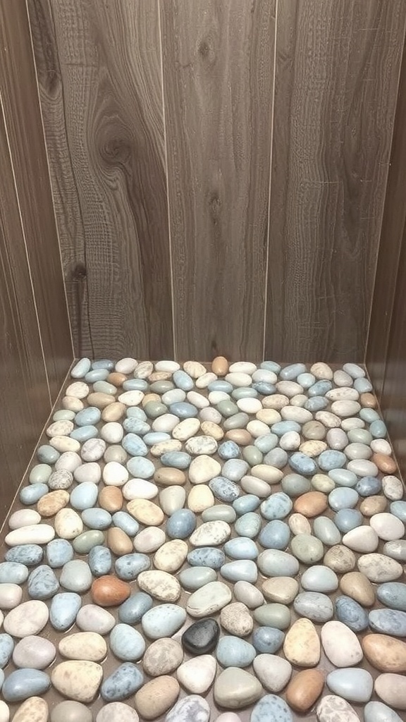 A shower floor made of smooth, colorful pebbles with wooden walls.