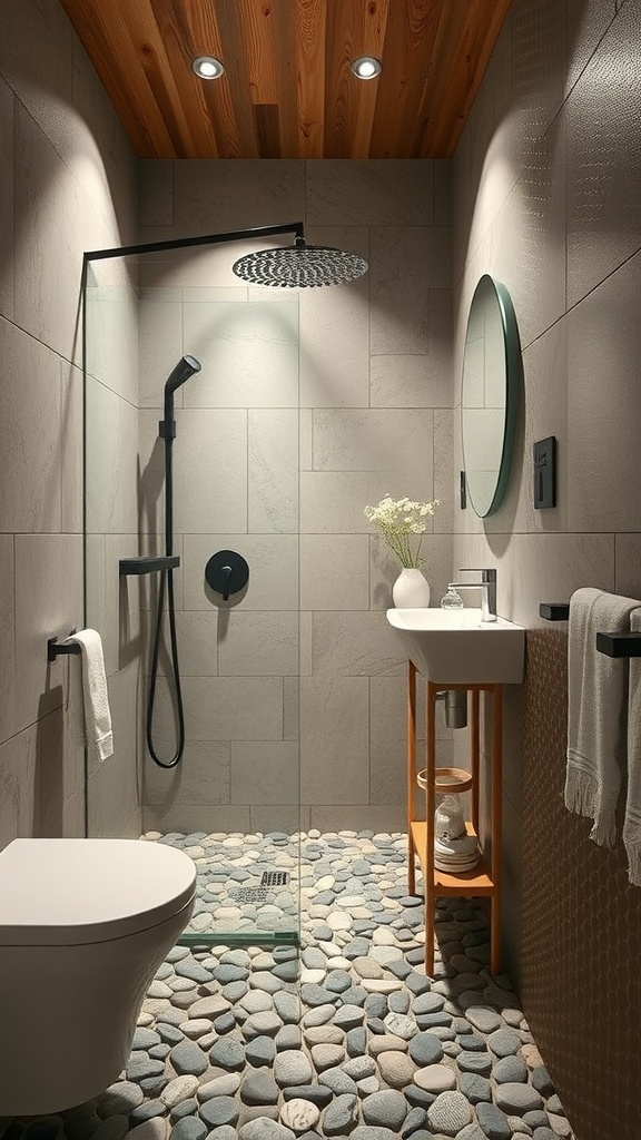 A small bathroom featuring pebble tile flooring, modern fixtures, and a natural aesthetic.