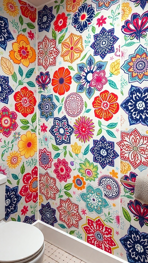Vibrant floral peel-and-stick wallpaper in a bathroom