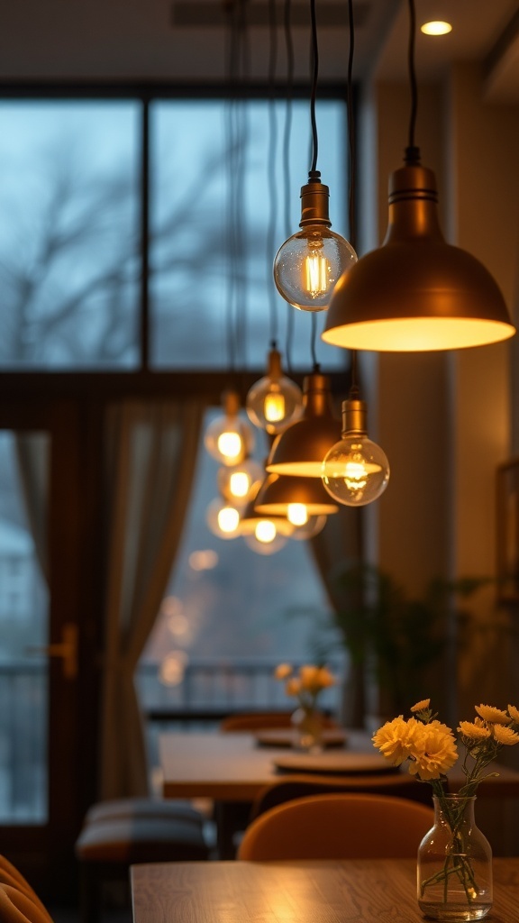 Stylish pendant lighting hanging over a dining area, creating a warm atmosphere.