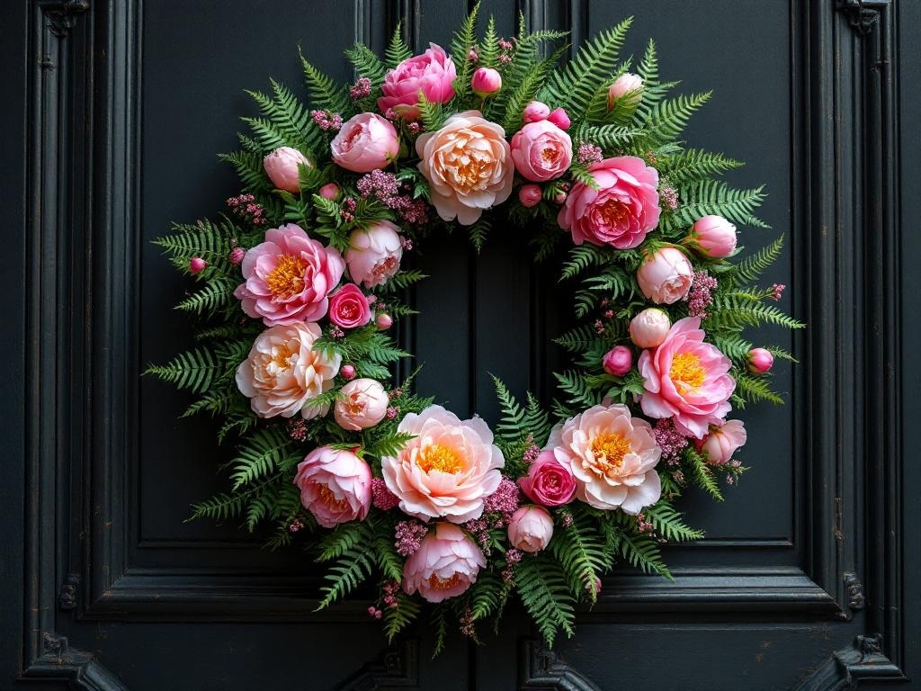 A luxurious wreath made of pink peonies and ferns on a dark door
