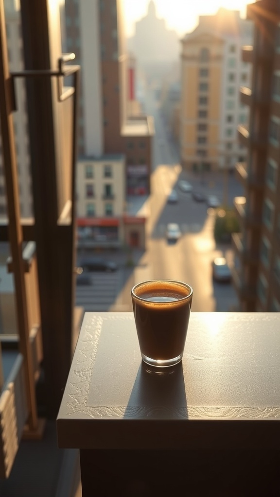 A cup of coffee on a balcony bar ledge with city views in the background.