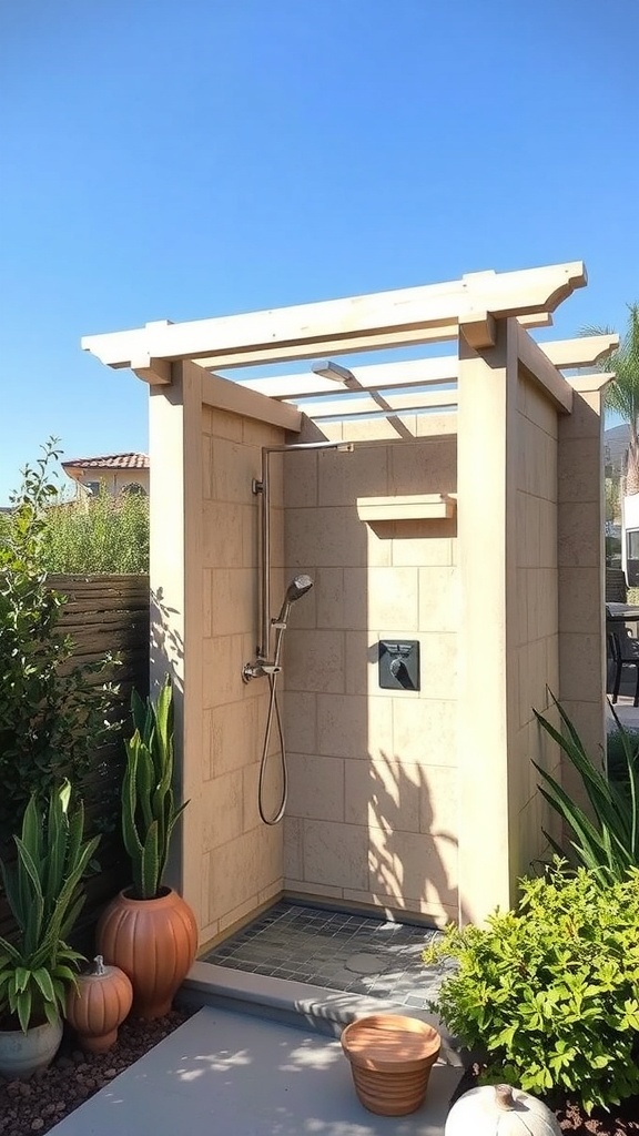Outdoor shower nook with a pergola, stone walls, and surrounding plants.