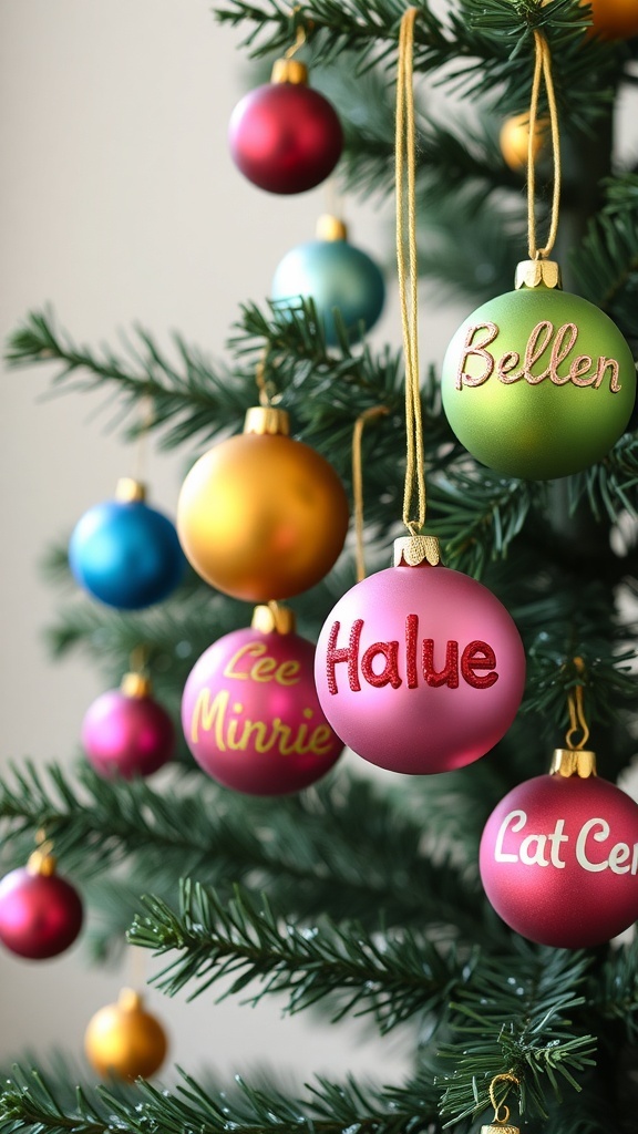 Colorful Christmas ornaments with names hanging on a tree