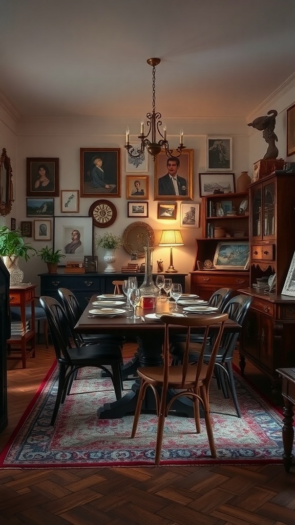 A cozy dining room featuring a wooden table set for dinner, surrounded by black and wooden chairs. The walls are adorned with various framed artworks and portraits, complemented by a classic chandelier and warm lighting.