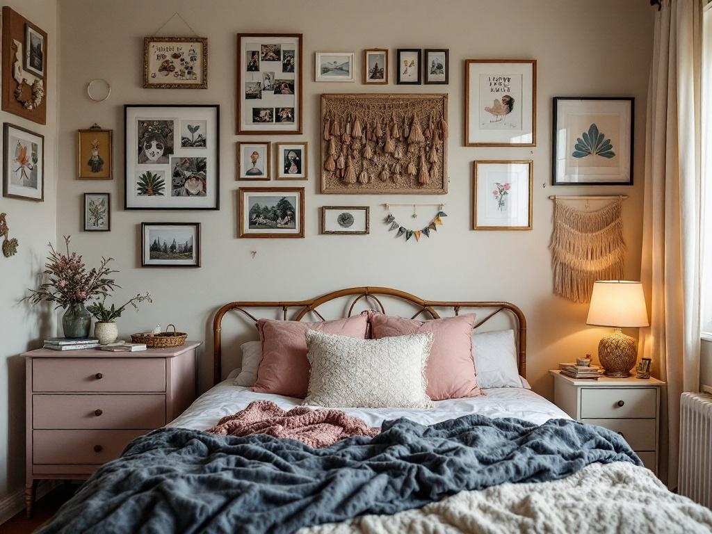 Cozy bedroom with layered textures, soft tones, and a gallery wall of framed art.