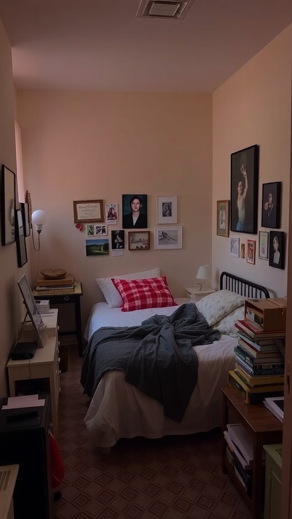 A cozy small bedroom featuring a bed with a plaid throw, framed photos on the wall, and organized storage.