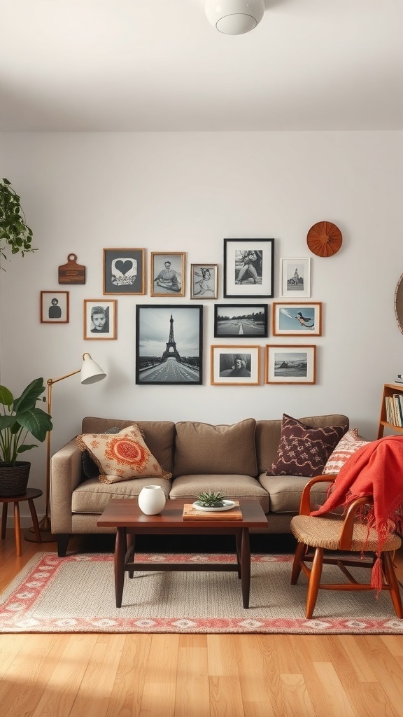 A cozy small living room featuring a gallery wall of framed photos, a comfortable sofa with decorative cushions, and a stylish coffee table.