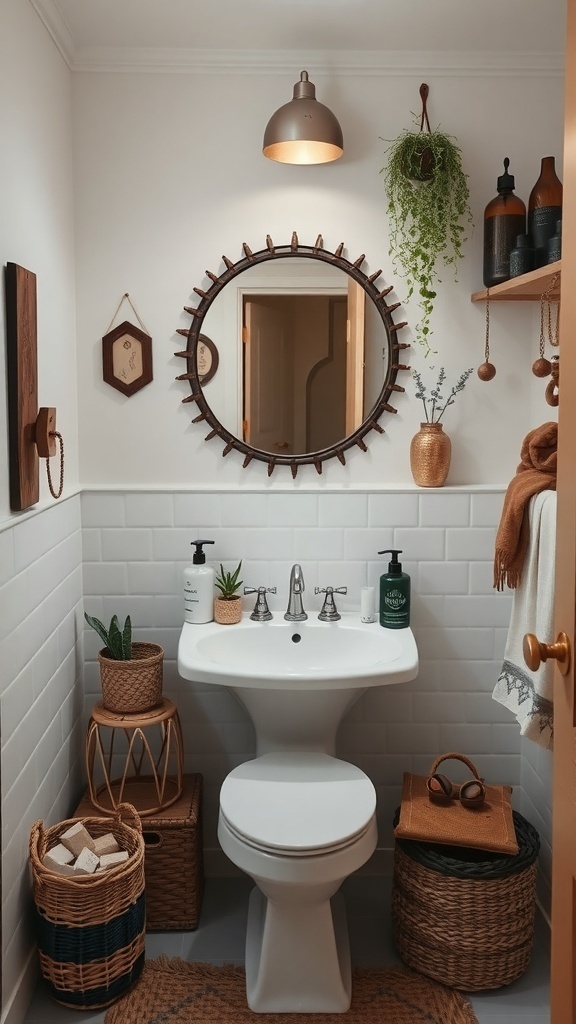 A cozy boho bathroom with earthy tones, a round wooden mirror, plants, and woven baskets.