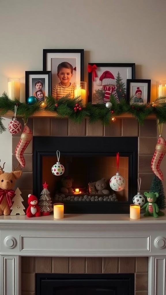 A cozy Christmas mantel decorated with family photos, festive ornaments, and candles.