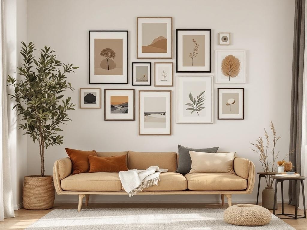 A cozy minimalist living room with a gallery wall of art, a beige sofa with cushions, and a potted plant.