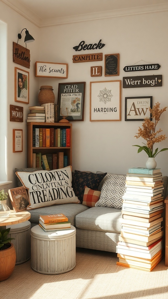 Cozy reading nook with themed decor, including bookshelves, cushions, and framed quotes.