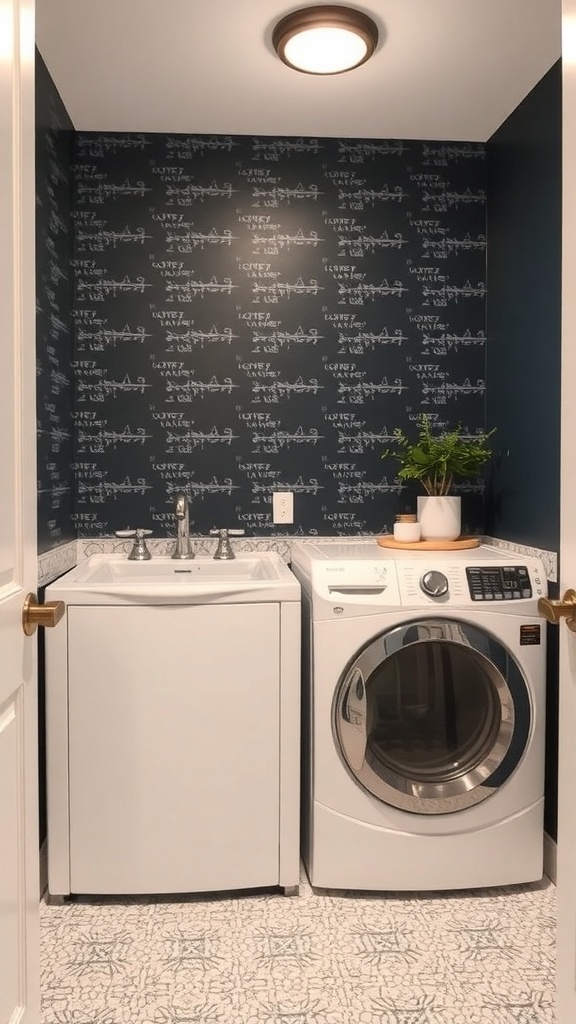 A stylish laundry room featuring dark patterned wallpaper and a patterned tile floor, showcasing a utility sink and a washing machine.