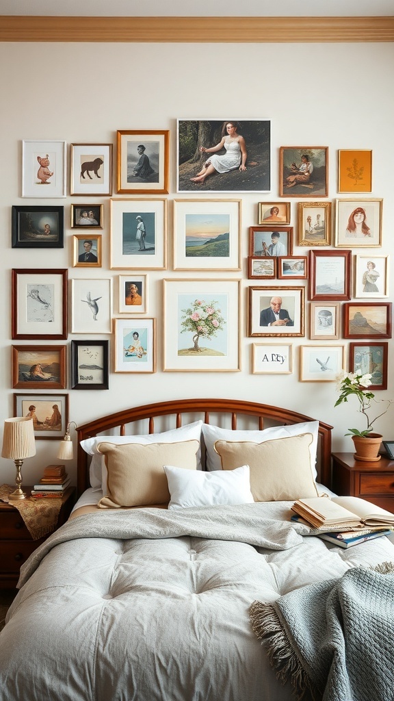 A cozy bedroom featuring a gallery wall of framed art and photographs, showcasing a mix of styles and colors.