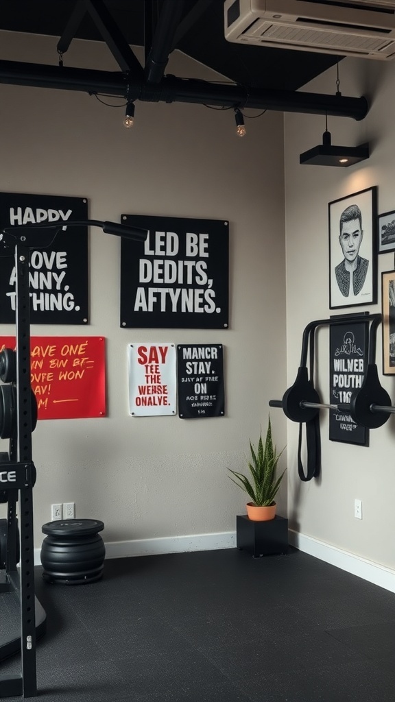 A home gym with personalized artwork displays on the wall, featuring motivational posters and a portrait.