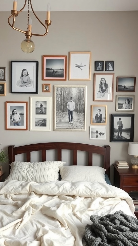 Gallery wall with framed photographs in a stylish bedroom