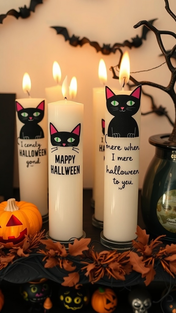 Personalized cat candles with playful phrases and colorful designs for Halloween decor.