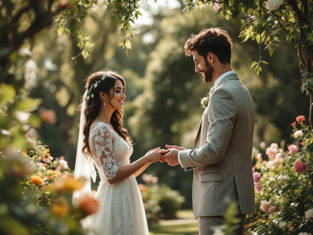 Couple exchanging vows in a garden surrounded by flowers