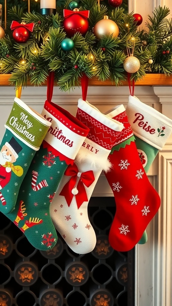 Colorful Christmas stockings hanging on a mantel, decorated with festive designs.