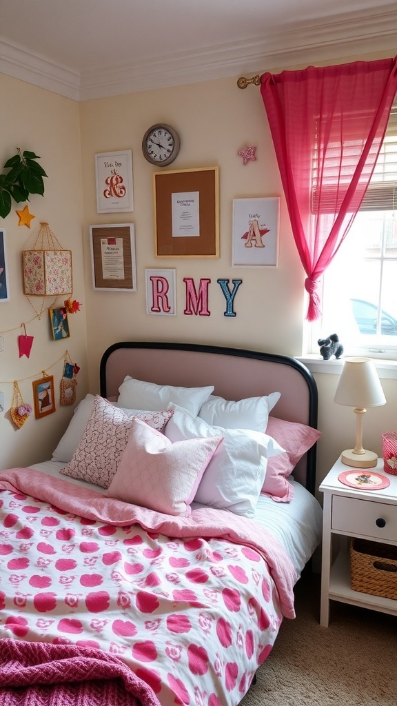 A cozy girl's bedroom featuring personalized decor accents, including colorful letters, framed artwork, and soft bedding.