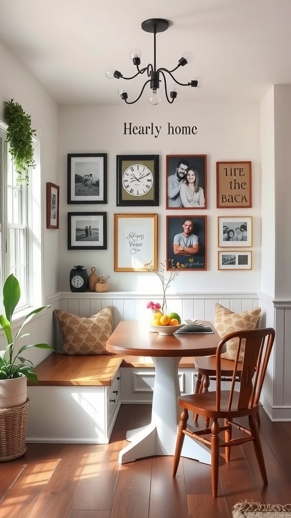 Cozy breakfast nook with warm wood tones, textured seating, and personalized decor.