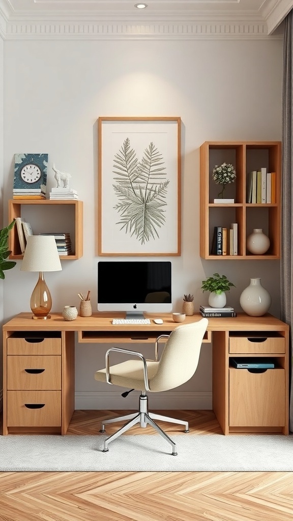 A modern home office setup featuring a wooden desk with hidden storage, wall shelves, and personalized decor.