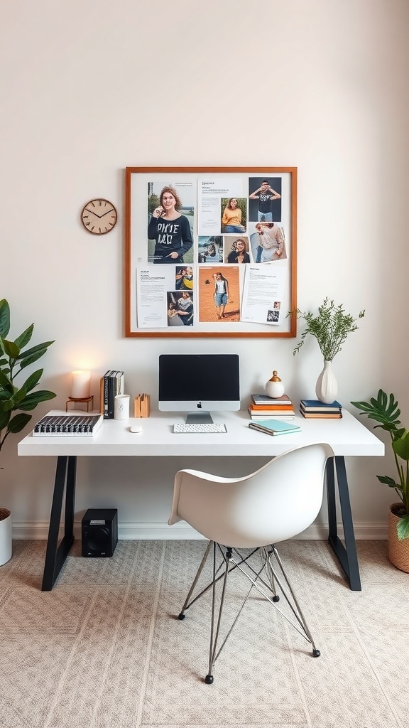 A stylish home office featuring a white desk, a computer, and a gallery wall with personal photos and quotes.