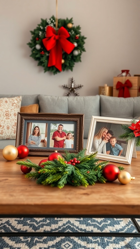 A cozy coffee table decorated with family photos, greenery, and festive ornaments for Christmas.