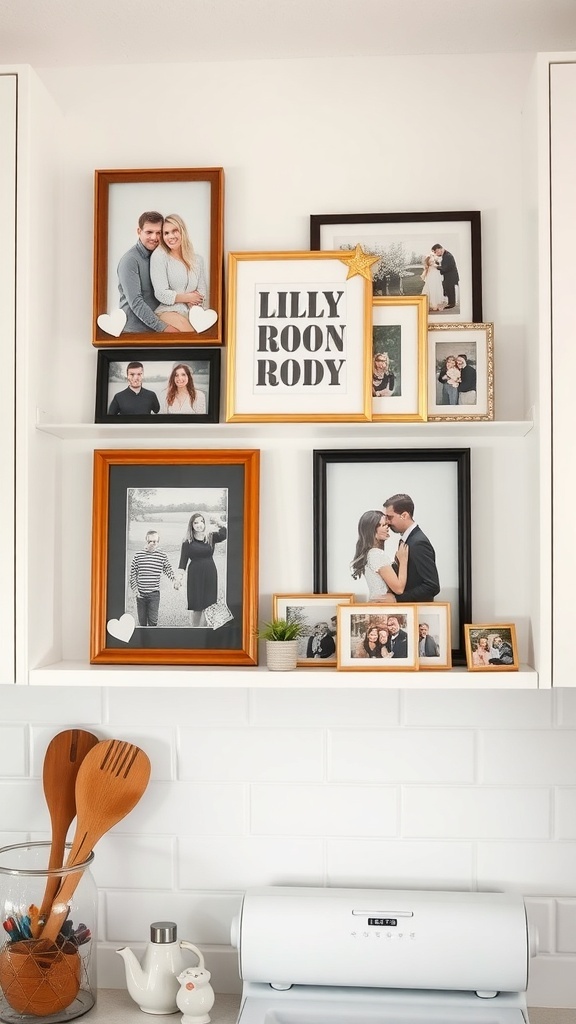 A collection of family photos in various frames displayed above kitchen cabinets.