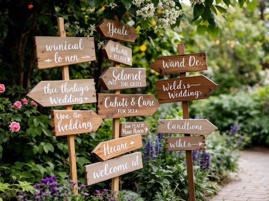 Wooden signs with handwritten names and directions in a garden setting