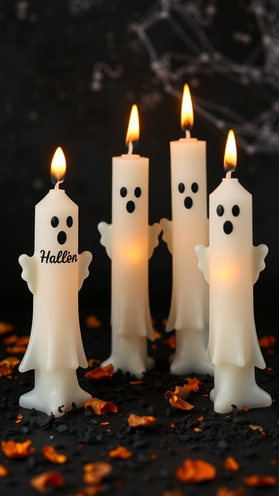 Four ghost-shaped candles with painted faces, lit against a dark background.