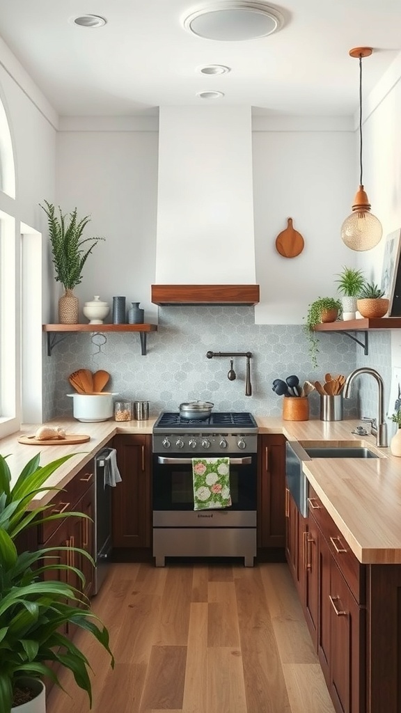 A personalized green kitchen featuring wooden cabinets, natural stone countertops, and decorative plants.