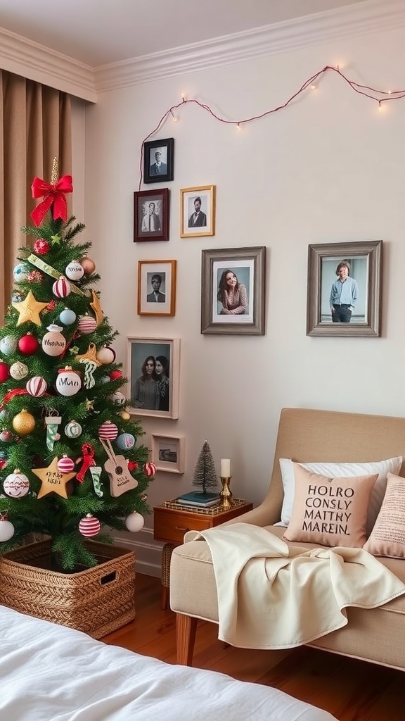 A cozy bedroom decorated for Christmas with a tree, framed photos, and a comfortable chair.