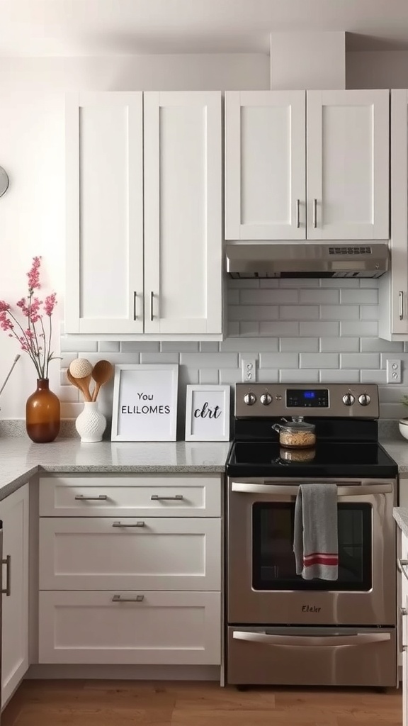 A modern kitchen featuring soft matte blue cabinetry, warm wood accents, fluted glass doors, and decorative elements.