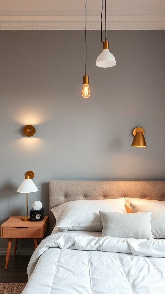 A modern bedroom featuring personalized lighting layers with pendant lights, wall sconces, and a bedside lamp.