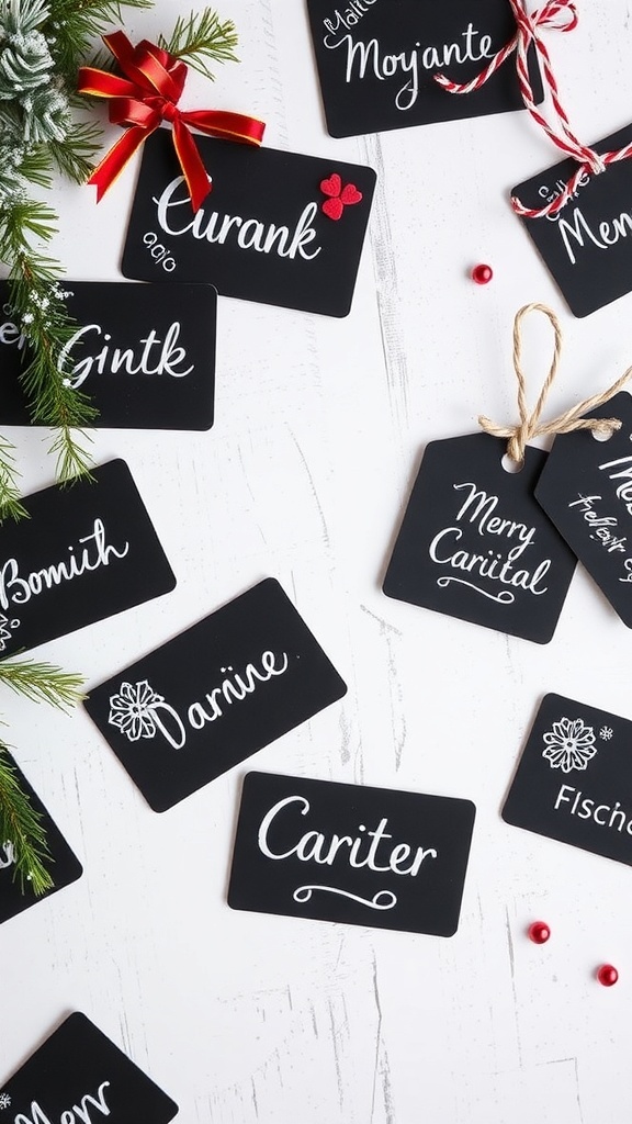 A collection of personalized mini chalkboard gift tags with festive decorations and handwritten names.