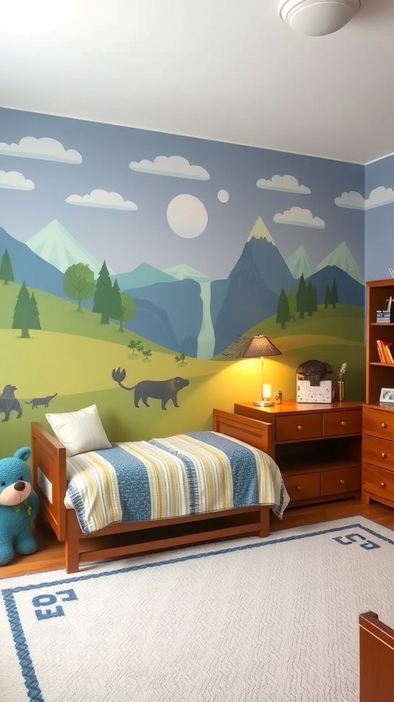 A boys room featuring a mural of mountains, trees, and animals.