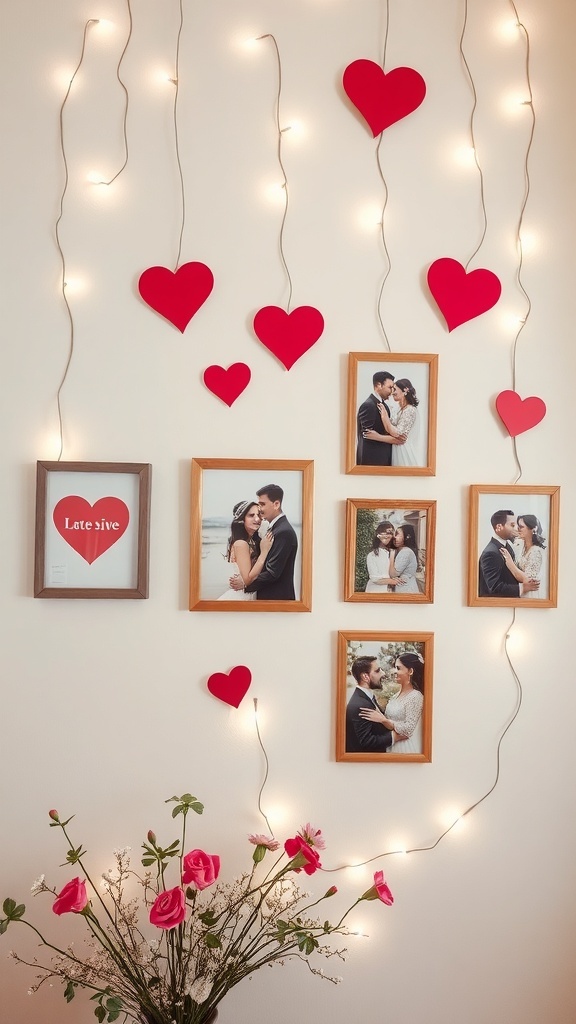 A wall display featuring framed photos of couples, red heart cutouts, and string lights, creating a romantic atmosphere.