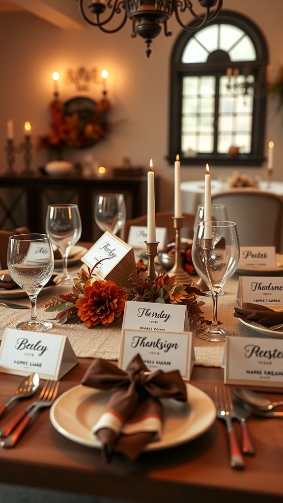 A beautifully set Thanksgiving table with personalized place cards for guests, featuring flowers and candles.