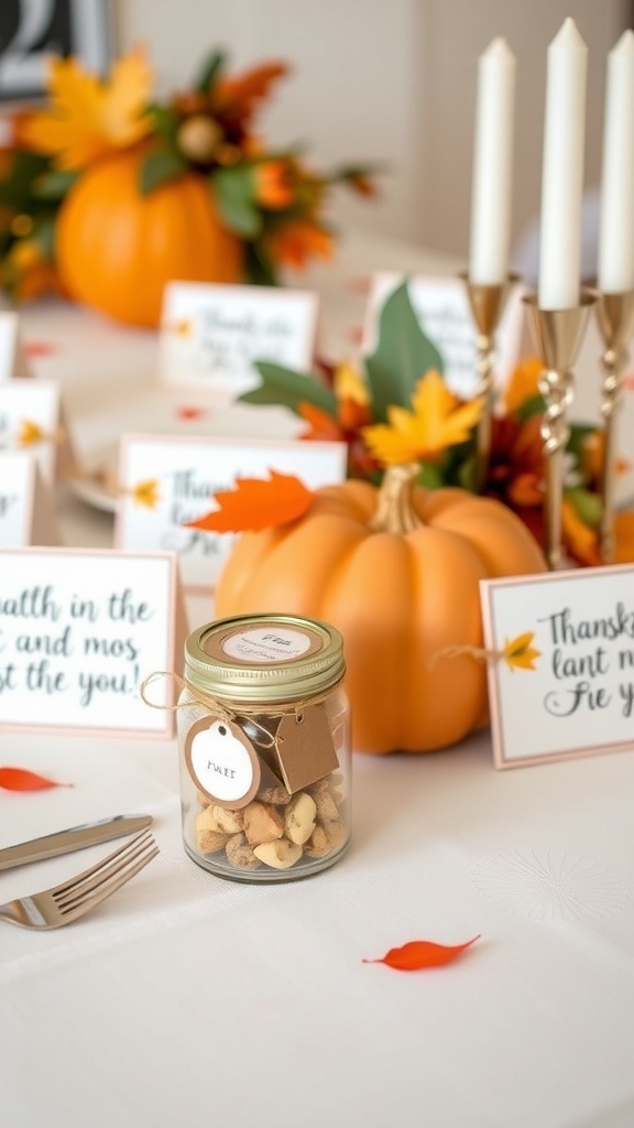 Thanksgiving table with personalized place cards, pumpkin centerpiece, and a jar of treats.