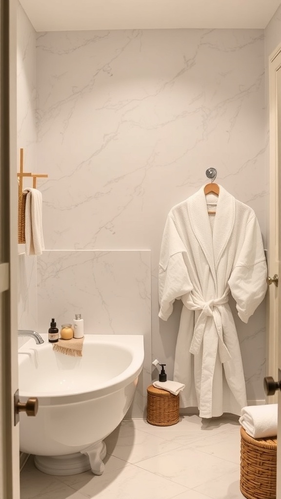 A cozy bathroom featuring a white robe, a marble tub, and natural decor elements.